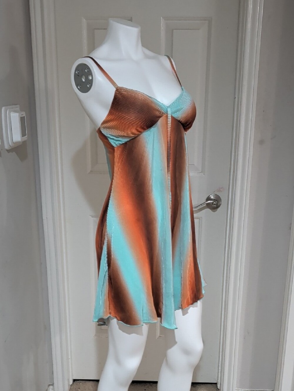 Y2K No Boundaries Aqua and Copper Striped Satin Textured Slip Dress Women's S - Picture 2 of 10